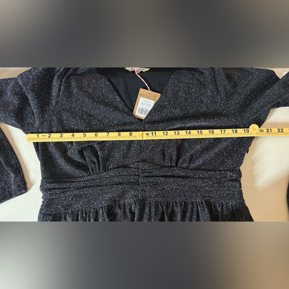 BODEN NWT Black Silver Sparkle Long Sleeve V-Neck Ruched Midi Party Dress Sz 12 - Picture 12 of 16